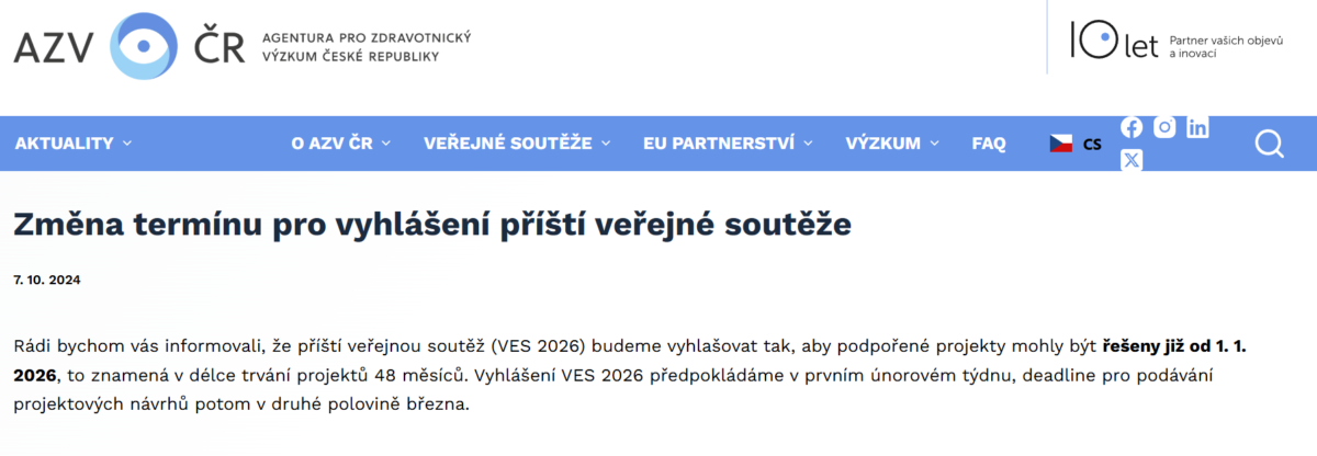Informace k vyhlášení veřejné soutěže VES 2026